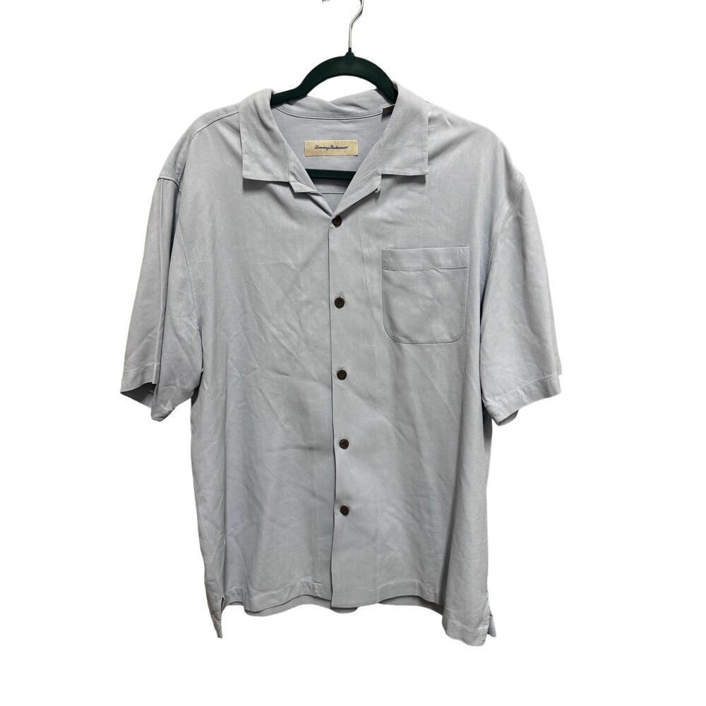 Tommy Bahama Light Blue Silk Short Sleeve Shirt Size Large Herringbone Stipe